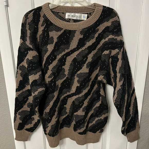 M. Mantogne Men’s (M) Black Tan 3D Knit Neutral Crewneck Sweater Vintage 80’s - Picture 1 of 5